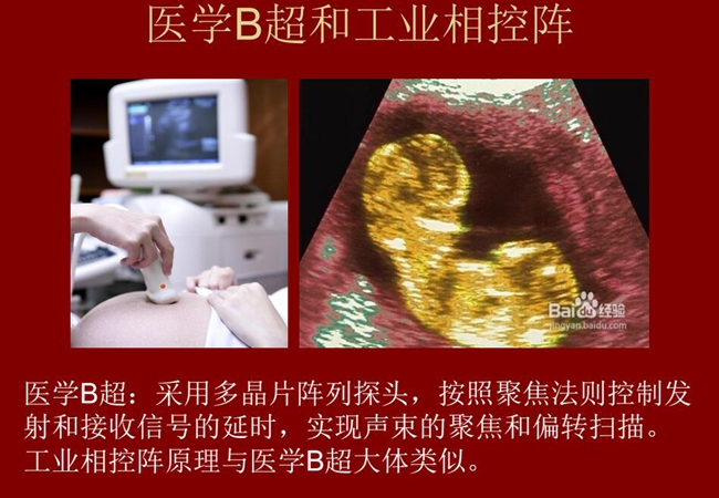 工業相控陣原理與醫學B超大體類似，醫學B超采用多晶片陣列探頭，按照聚焦法則控制發射和接收信號的延時，實現聲束的聚焦和偏轉掃描